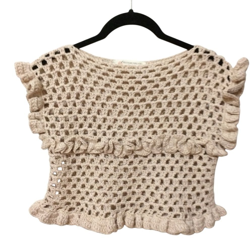 HANDMADE CROCHET Sweater Top Cropped Vest Ruffles Beige Cottagecore Sz Small